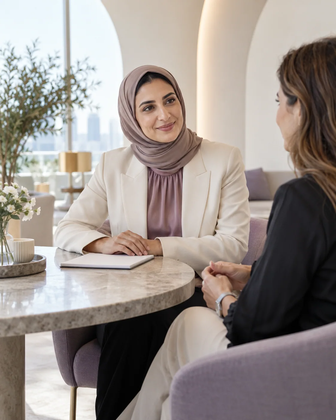 Illustrative personal consultation in a modern meeting space