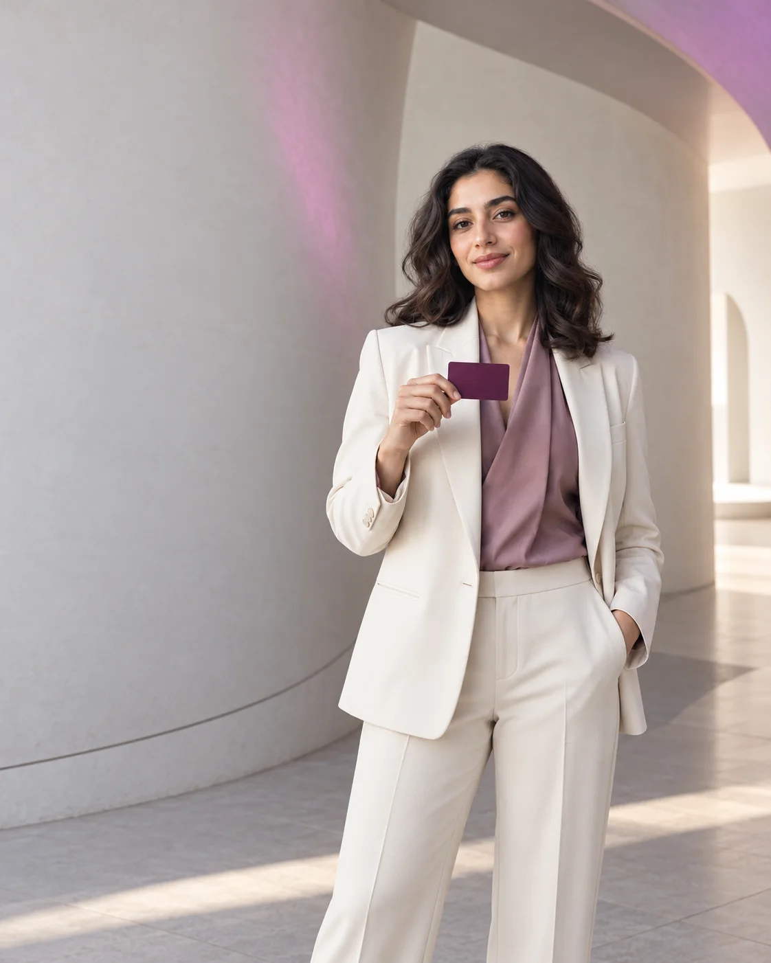Illustrative campaign portrait of a woman holding an unbranded payment card